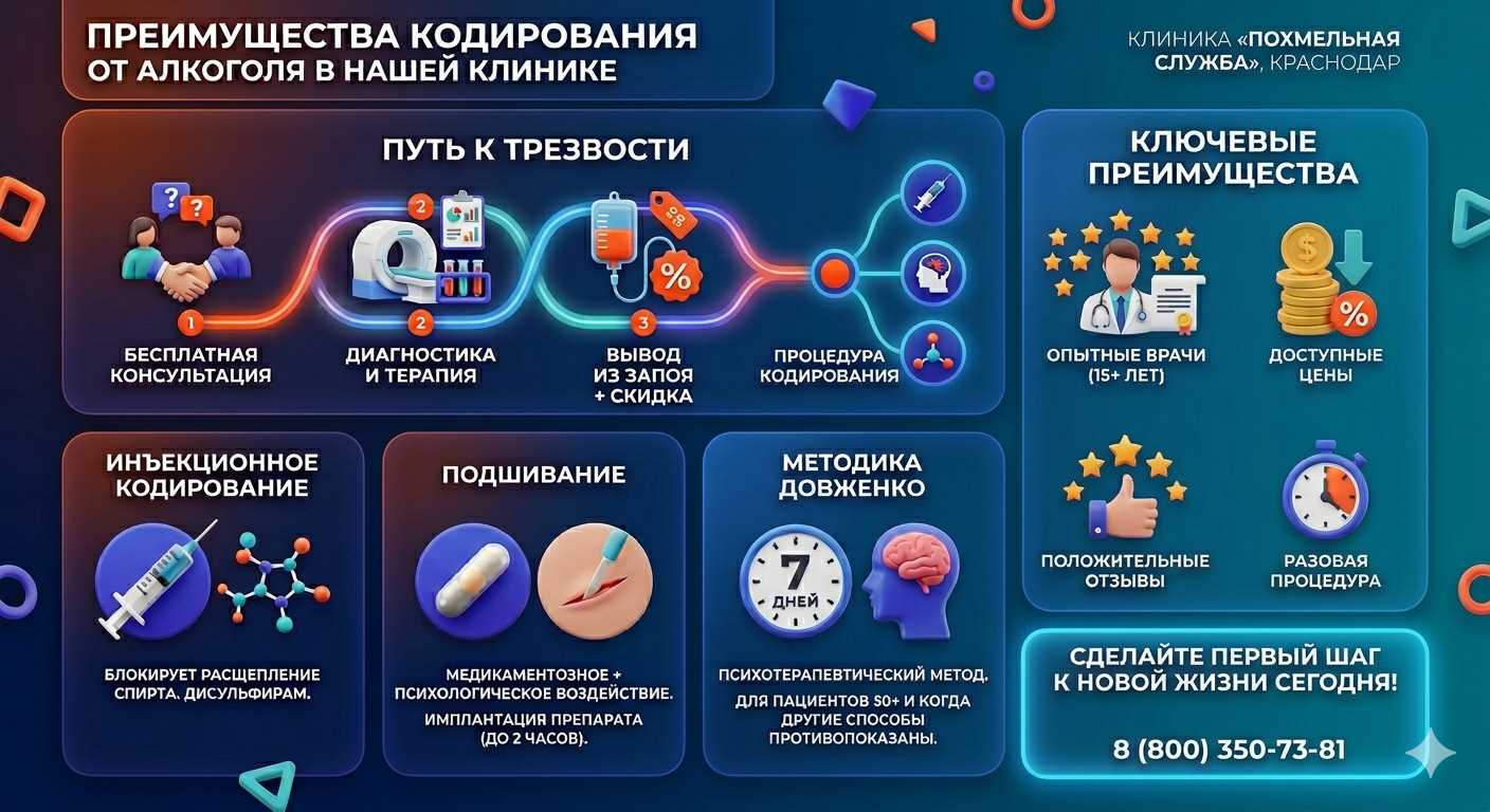 Инфографика о методах кодирования от алкоголя в Долинске: инъекции, подшивание, метод Довженко. Преимущества клиники и этапы лечения.