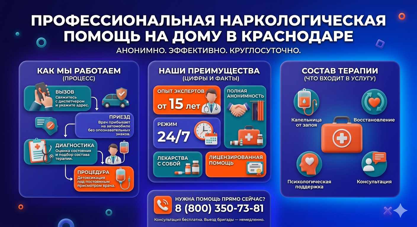 Инфографика о принципах лечения алкоголизма на дому в Долинске: этапы вызова нарколога, преимущества анонимной детоксикации и состав медицинской помощи.